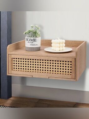 New Boho Single-Drawer Floating Rattan Nightstand, 16x12x7”